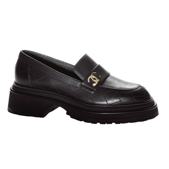 Chanel 23A Black Calfskin Leather Quilted CC Gold Logo Flat Platform Loafer 36 - Picture 1 of 12
